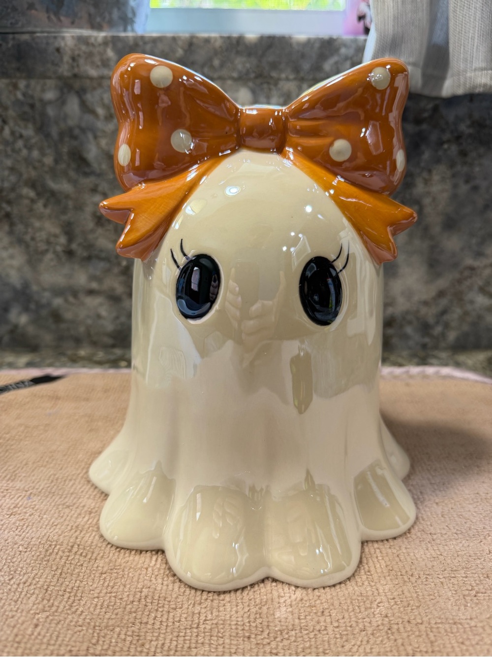 Viral Halloween Ghost with Orange Polka Dot Bow Ceramic Décor | NWT